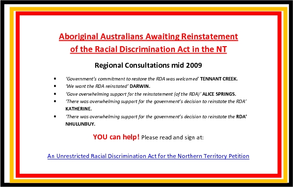 Aboriginal Australians Awaiting Reinstatement of the Racial Discrimination Act in the NT
